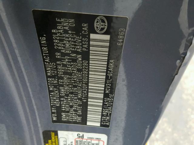 4T1CA30P16U092290 - 2006 TOYOTA CAMRY SOLA BLUE photo 10