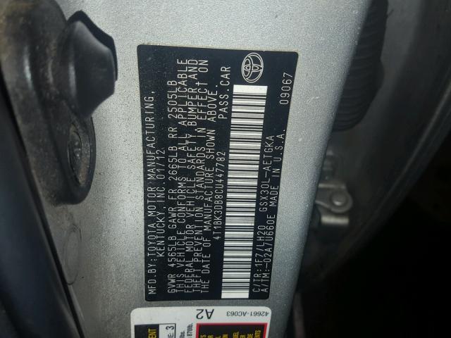 4T1BK3DB8CU447782 - 2012 TOYOTA AVALON BAS GRAY photo 10