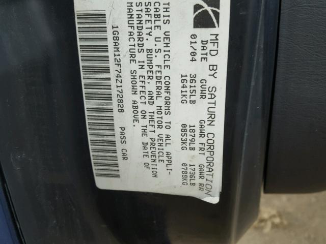 1G8AM12F74Z172828 - 2004 SATURN ION LEVEL BLUE photo 10