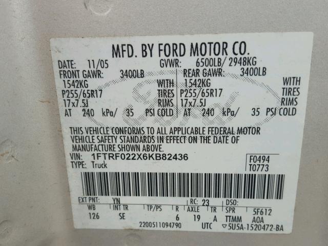 1FTRF022X6KB82436 - 2006 FORD F150 SILVER photo 10