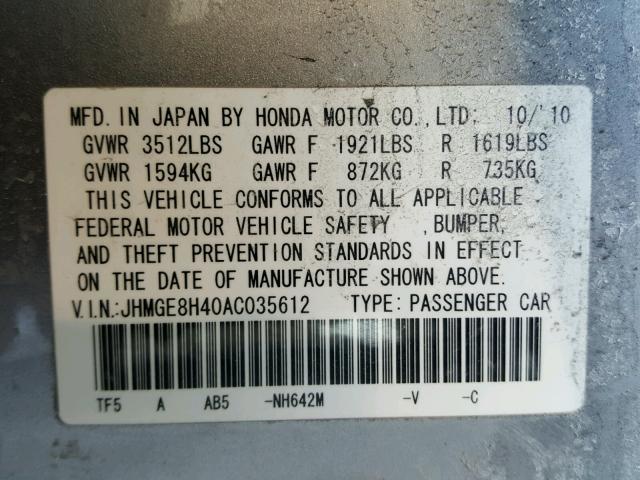 JHMGE8H40AC035612 - 2010 HONDA FIT SPORT GRAY photo 10