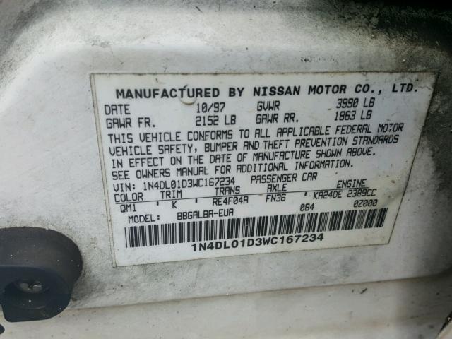 1N4DL01D3WC167234 - 1998 NISSAN ALTIMA XE WHITE photo 10