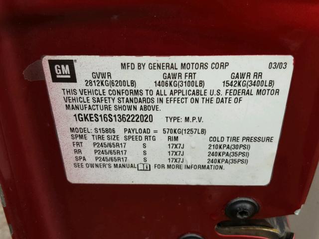 1GKES16S136222020 - 2003 GMC ENVOY XL RED photo 10