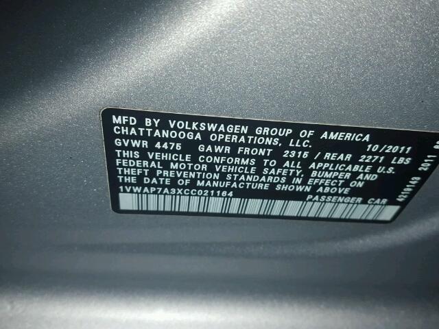 1VWAP7A3XCC021164 - 2012 VOLKSWAGEN PASSAT S SILVER photo 10