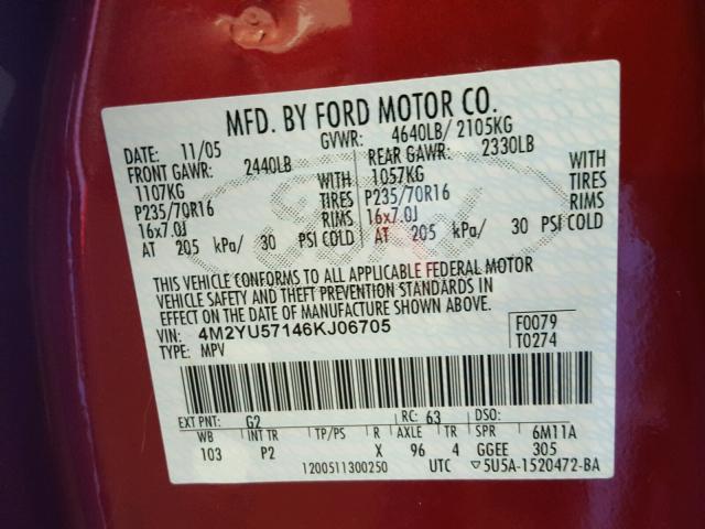 4M2YU57146KJ06705 - 2006 MERCURY MARINER RED photo 10