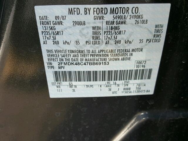 2FMDK48C47BB69153 - 2007 FORD EDGE SEL CHARCOAL photo 10