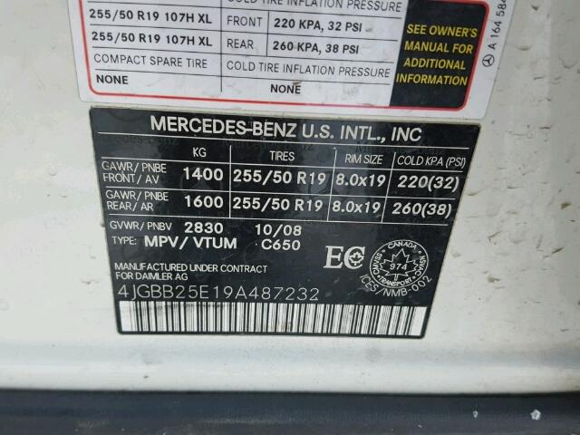 4JGBB25E19A487232 - 2009 MERCEDES-BENZ ML WHITE photo 10