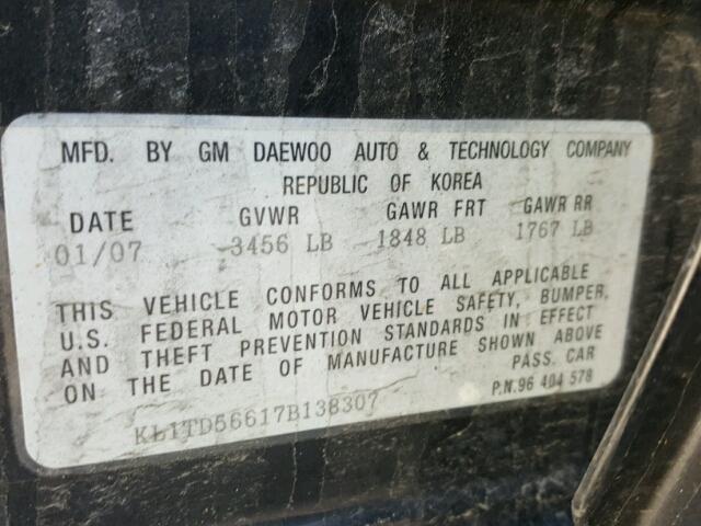 KL1TD56617B138307 - 2007 CHEVROLET AVEO BASE Grafitowy zdjęcie 10