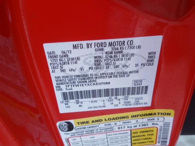 1FTFW1ETXCKE07088 - 2012 FORD F150 SUPER RED photo 10