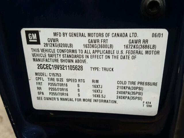 2GCEC19V921105628 - 2002 CHEVROLET SILVERADO BLUE photo 10