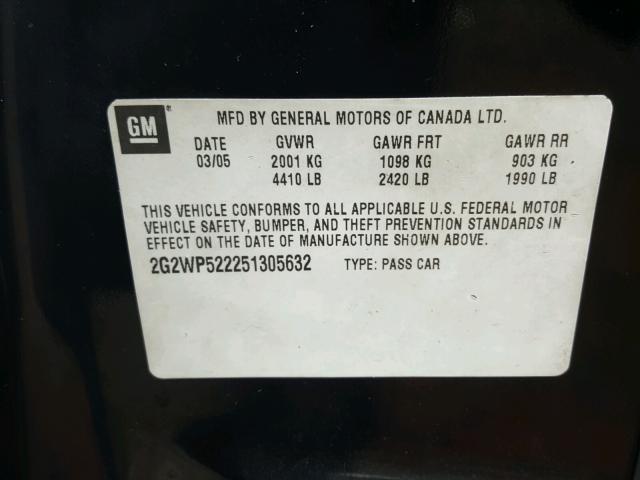 2G2WP522251305632 - 2005 PONTIAC GRAND PRIX BLACK photo 10
