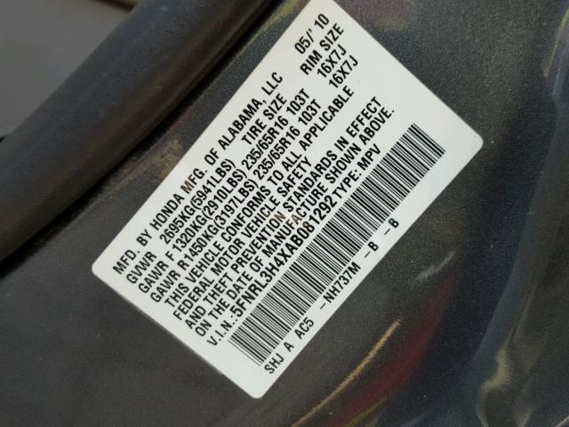 5FNRL3H4XAB081292 - 2010 HONDA ODYSSEY EX SILVER photo 10