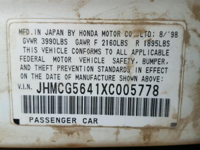 JHMCG5641XC005778 - 1999 HONDA ACCORD LX WHITE photo 10