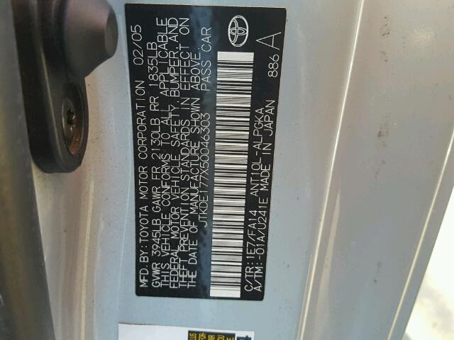 JTKDE177X50046303 - 2005 TOYOTA SCION TC 银色 照片 10