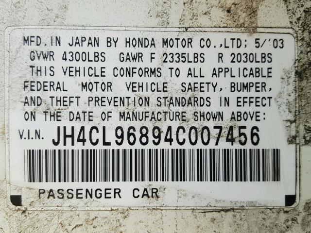 JH4CL96894C007456 - 2004 ACURA TSX WHITE photo 10