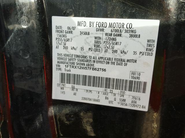 1FTRX12W57FB62756 - 2007 FORD F150 BLACK photo 10