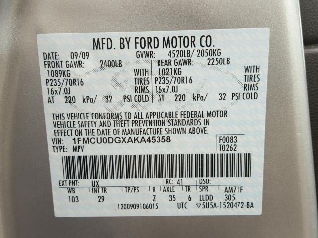 1FMCU0DGXAKA45358 - 2010 FORD ESCAPE XLT SILVER photo 10