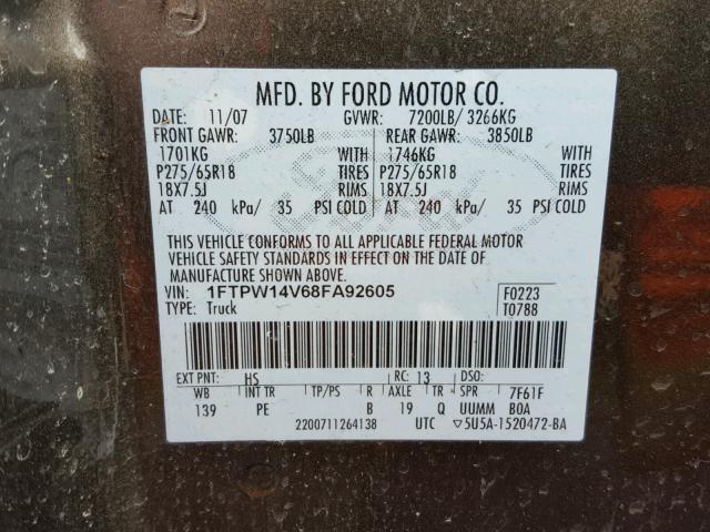 1FTPW14V68FA92605 - 2008 FORD F150 SUPER BROWN photo 10