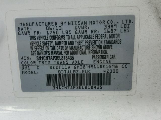 3N1CN7AP3EL818435 - 2014 NISSAN VERSA WHITE photo 10