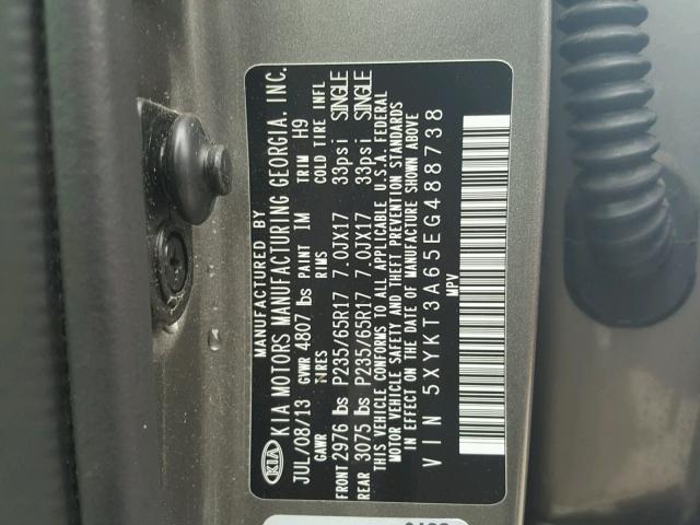 5XYKT3A65EG488738 - 2014 KIA SORENTO LX SILVER photo 10