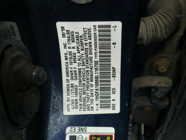 1HGFA16868L116700 - 2008 HONDA CIVIC EX BLUE photo 10