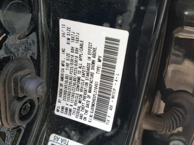 5J6RM3H9XFL016451 - 2015 HONDA CR-V TOURI BLACK photo 10