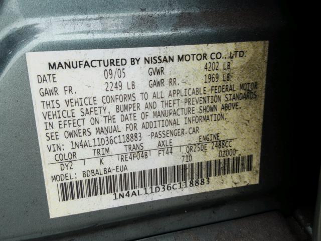 1N4AL11D36C118883 - 2006 NISSAN ALTIMA S GREEN photo 10