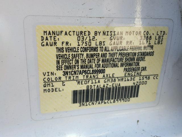 3N1CN7AP6CL899900 - 2012 NISSAN VERSA S WHITE photo 10