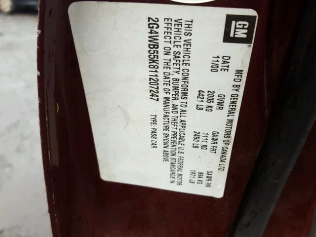 2G4WB55K811207247 - 2001 BUICK REGAL LS 勃艮第红 照片 10