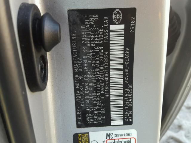 4T1BE46K97U138824 - 2007 TOYOTA CAMRY NEW SILVER photo 10