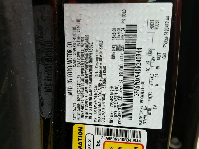 3FA6P0K94DR340944 - 2013 FORD FUSION TIT BLACK photo 10