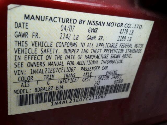 1N4AL21E07C211067 - 2007 NISSAN ALTIMA 2.5 RED photo 10