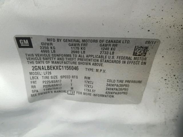 2GNALBEKXC1156046 - 2012 CHEVROLET EQUINOX LS SILVER photo 10