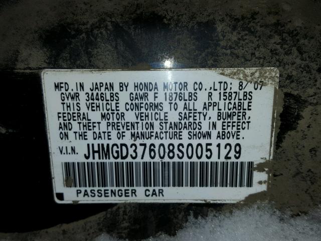 JHMGD37608S005129 - 2008 HONDA FIT SPORT BLACK photo 10