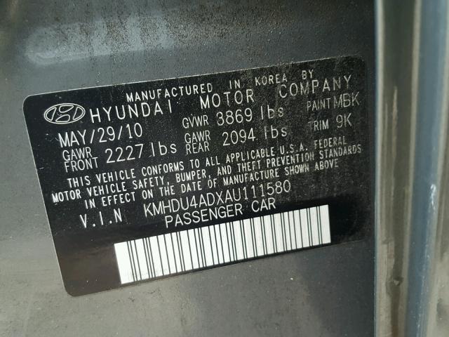 KMHDU4ADXAU111580 - 2010 HYUNDAI ELANTRA BL GRAY photo 10