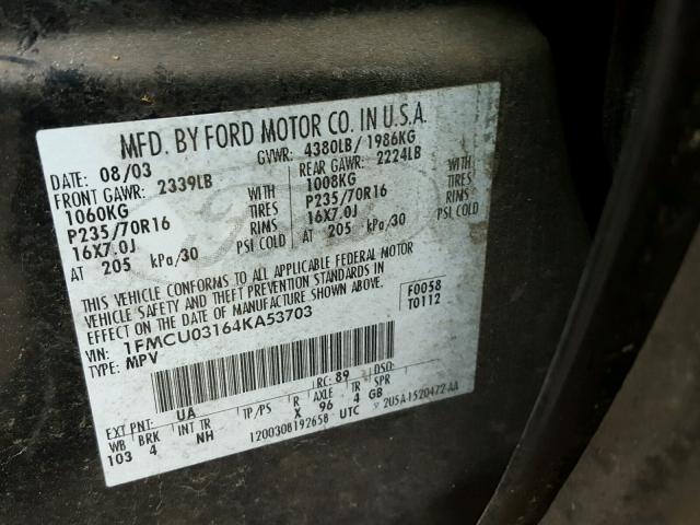 1FMCU03164KA53703 - 2004 FORD ESCAPE XLT BLACK photo 10