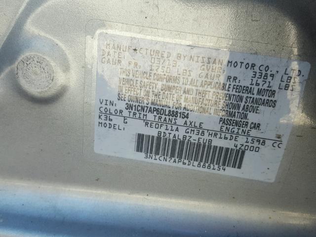 3N1CN7AP6DL888154 - 2013 NISSAN VERSA S GRAY photo 10