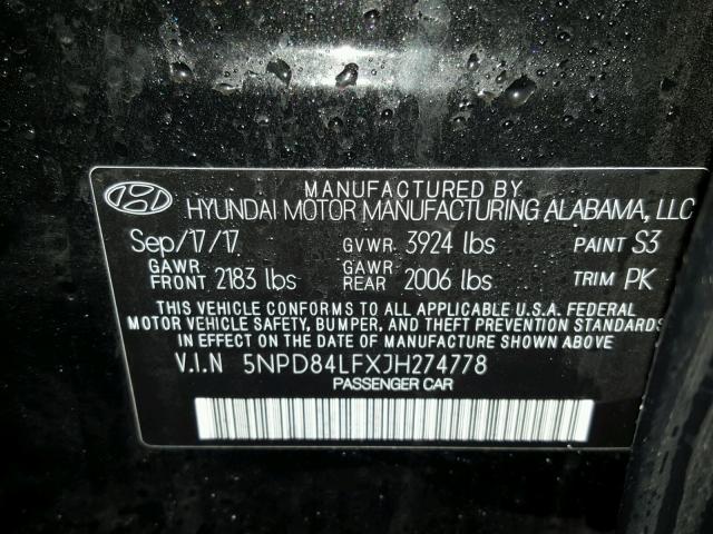 5NPD84LFXJH274778 - 2018 HYUNDAI ELANTRA SE BLACK photo 10