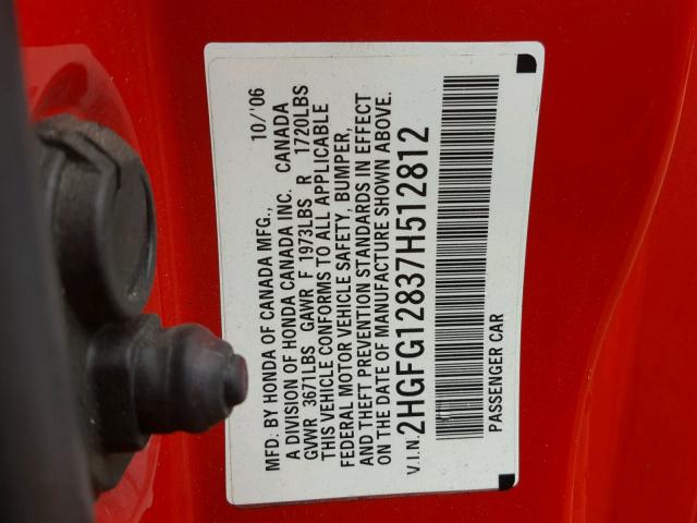 2HGFG12837H512812 - 2007 HONDA CIVIC EX RED photo 10