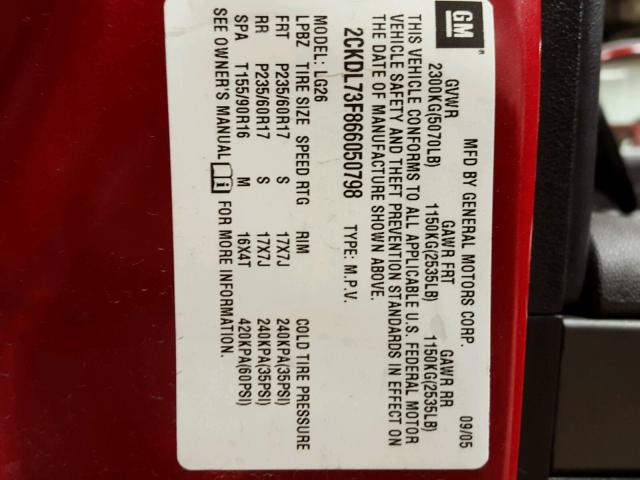 2CKDL73F866050798 - 2006 PONTIAC TORRENT RED photo 10