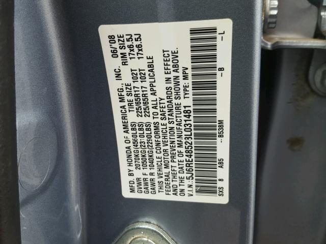 5J6RE48528L031481 - 2008 HONDA CR-V EX GRAY photo 10