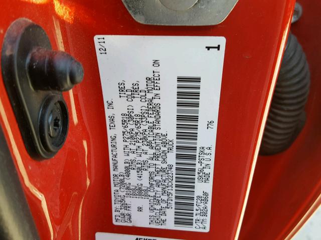 5TFDY5F13CX223748 - 2012 TOYOTA TUNDRA CRE RED photo 10