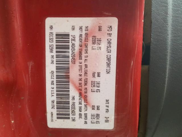 1P3EJ46X9WN264537 - 1998 PLYMOUTH BREEZE BAS RED photo 10