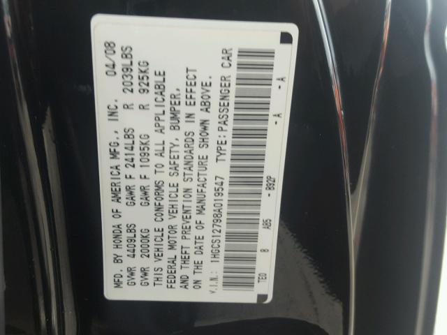 1HGCS12798A019547 - 2008 HONDA ACCORD EX BLACK photo 10