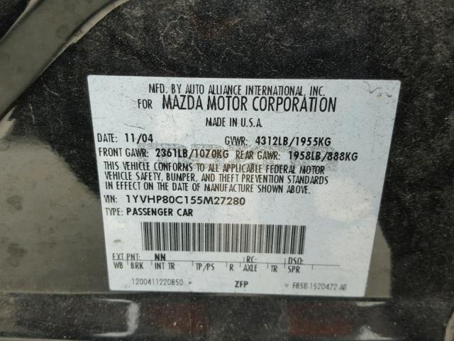 1YVHP80C155M27280 - 2005 MAZDA 6 I BLACK photo 10