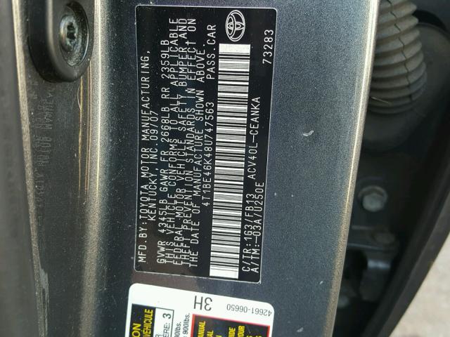 4T1BE46K48U747563 - 2008 TOYOTA CAMRY CE CHARCOAL photo 10