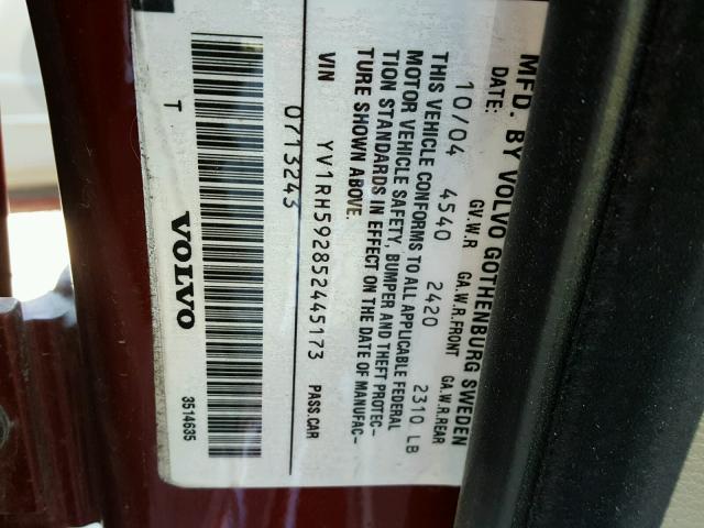 YV1RH592852445173 - 2005 VOLVO S60 2.5T BURGUNDY photo 10