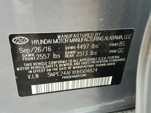 5NPE24AFXHH504824 - 2017 HYUNDAI SONATA SE GRAY photo 10