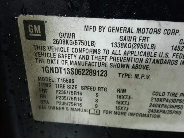 1GNDT13S062289123 - 2006 CHEVROLET TRAILBLAZE BLACK photo 10