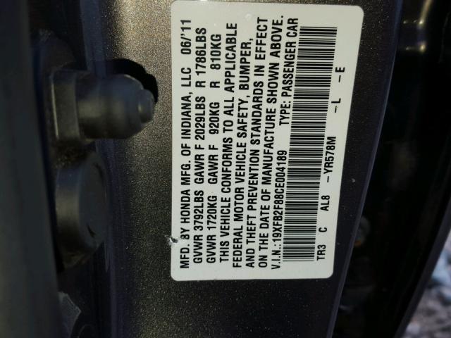 19XFB2F88CE004189 - 2012 HONDA CIVIC EX ყავისფერი ფოტო 10